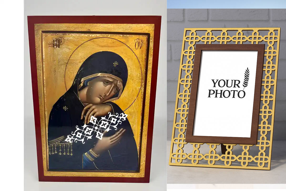 Εικόνα Ορθοδοξίας Πολυτελείας  με  σχεδιο Σταυρούς μαζι με  Βάση σε  8 χρώματα με περίγραμμα χρυσό σε ξύλο Plywood (Πλακάζ)   με  βάση Εικόνα Παναγία Θρηνωδούσα Χειροποίητη Ελληνορθόδοξη , Κρεμαστή πλάκα βυζαντινής τέχνης, χριστιανική τέχνη Διάσταση 10x7 cm (3,9 x 2,8 ίντσες) INTRAEK3kadro3211-671269