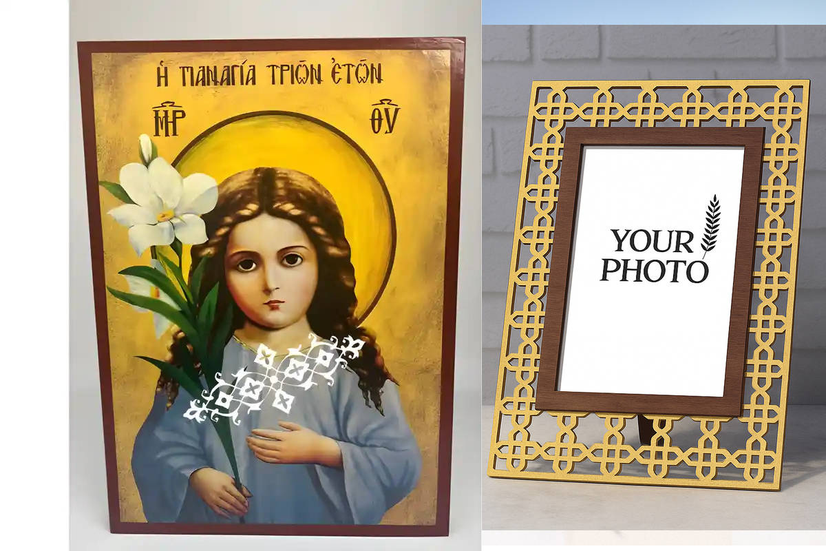 Εικόνα Ορθοδοξίας Πολυτελείας  με  σχεδιο Σταυρούς μαζι με  Βάση σε  8 χρώματα με περίγραμμα χρυσό σε ξύλο Plywood (Πλακάζ)   με  βάση Εικόνα Παναγία τριών ετών Χειροποίητη Ελληνορθόδοξη , Κρεμαστή πλάκα βυζαντινής τέχνης, χριστιανική τέχνη Διάσταση 10x7 cm (3,9 x 2,8 ίντσες) INTRAEK3kadro3211-671194