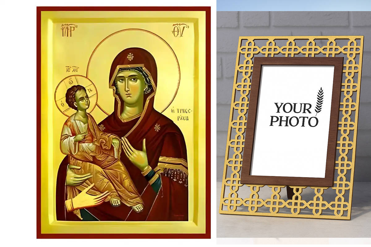 Εικόνα Ορθοδοξίας Πολυτελείας  με  σχεδιο Σταυρούς μαζι με  Βάση σε  8 χρώματα με περίγραμμα χρυσό σε ξύλο Plywood (Πλακάζ)   με  βάση Εικόνα Παναγία Τριχερούσα Χειροποίητη Ελληνορθόδοξη , Κρεμαστή πλάκα βυζαντινής τέχνης, χριστιανική τέχνη Διάσταση 15x11 cm (5,9 x 4,3 ίντσες) INTRAEK3kadro3211-8671196