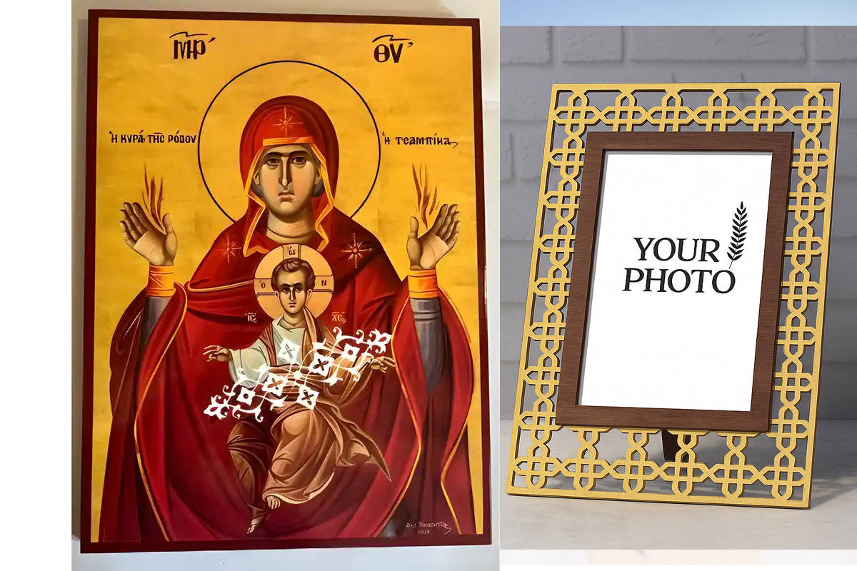 Εικόνα Ορθοδοξίας Πολυτελείας  με  σχεδιο Σταυρούς μαζι με  Βάση σε  8 χρώματα με περίγραμμα χρυσό σε ξύλο Plywood (Πλακάζ)   με  βάση Εικόνα Παναγία Τσαμπίκα Χειροποίητη Ελληνορθόδοξη , Κρεμαστή πλάκα βυζαντινής τέχνης, χριστιανική τέχνη Διάσταση 10x7 cm (3,9 x 2,8 ίντσες) INTRAEK3kadro3211-671192