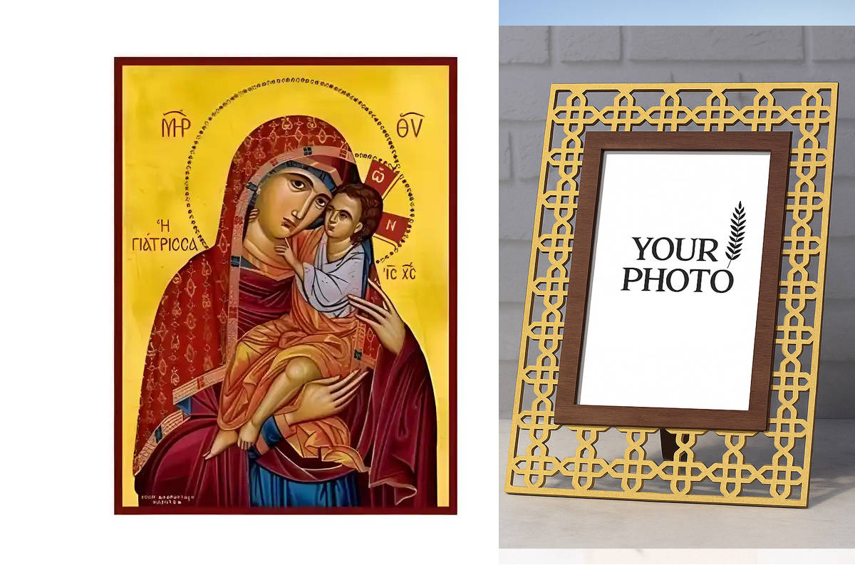 Εικόνα Ορθοδοξίας Πολυτελείας  με  σχεδιο Σταυρούς μαζι με  Βάση σε  8 χρώματα με περίγραμμα χρυσό σε ξύλο Plywood (Πλακάζ)   με  βάση Εικόνα Παναγία Γιάτρισσα Χειροποίητη Ελληνορθόδοξη , Κρεμαστή πλάκα βυζαντινής τέχνης, χριστιανική τέχνη Διάσταση 10x7 cm (3,9 x 2,8 ίντσες) INTRAEK3kadro3211-671320