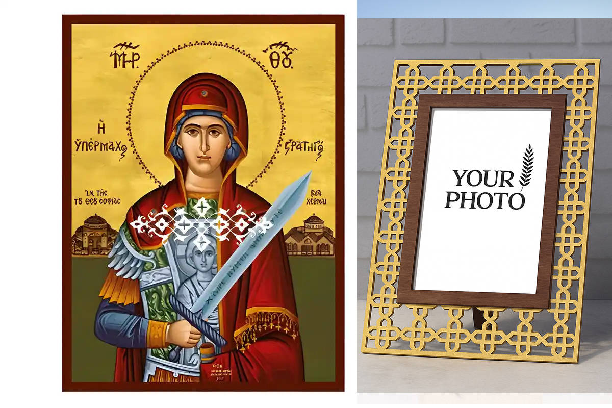 Εικόνα Ορθοδοξίας Πολυτελείας  με  σχεδιο Σταυρούς μαζι με  Βάση σε  8 χρώματα με περίγραμμα χρυσό σε ξύλο Plywood (Πλακάζ)   με  βάση Εικόνα Παναγία Υπέρμαχος Στρατηγός Χειροποίητη Ελληνορθόδοξη , Κρεμαστή πλάκα βυζαντινής τέχνης, χριστιανική τέχνη Διάσταση 10x7 cm (3,9 x 2,8 ίντσες) INTRAEK3kadro3211-671191