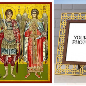 Εικόνα Ορθοδοξίας Πολυτελείας  με  σχεδιο Σταυρούς μαζι με  Βάση σε  8 χρώματα με περίγραμμα χρυσό σε ξύλο Plywood (Πλακάζ)   με  βάση Εικόνα Σύναξη Αρχαγγέλων Μιχαήλ και Γαβριήλ Χειροποίητη Ελληνορθόδοξη , Κρεμαστή πλάκα βυζαντινής τέχνης, χριστιανική τέχνη Διάσταση 10x7 cm (3,9 x 2,8 ίντσες) INTRAEK3kadro3211-670404