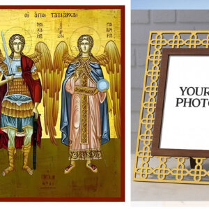 Εικόνα Ορθοδοξίας Πολυτελείας  με  σχεδιο Σταυρούς μαζι με  Βάση σε  8 χρώματα με περίγραμμα χρυσό σε ξύλο Plywood (Πλακάζ)   με  βάση Εικόνα Σύναξη Αρχαγγέλων Μιχαήλ και Γαβριήλ Χειροποίητη Ελληνορθόδοξη , Κρεμαστή πλάκα βυζαντινής τέχνης, χριστιανική τέχνη Διάσταση 10x7 cm (3,9 x 2,8 ίντσες) INTRAEK3kadro3211-670932
