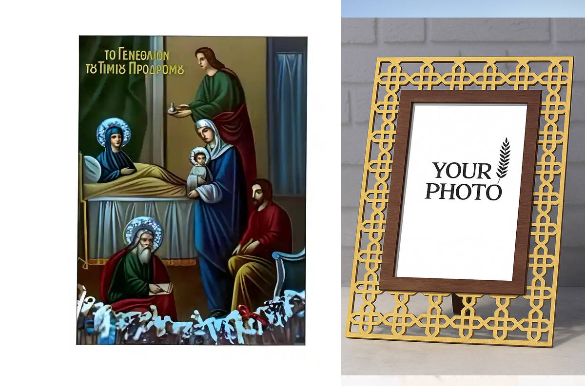 Εικόνα Ορθοδοξίας Πολυτελείας  με  σχεδιο Σταυρούς μαζι με  Βάση σε  8 χρώματα με περίγραμμα χρυσό σε ξύλο Plywood (Πλακάζ)   με  βάση Εικόνα Άγιος Ιωάννης Πρόδρομος το Γενέσιον Χειροποίητη Ελληνορθόδοξη , Κρεμαστή πλάκα βυζαντινής τέχνης, χριστιανική τέχνη Διάσταση 10x7 cm (3,9 x 2,8 ίντσες) INTRAEK3kadro3211-671056