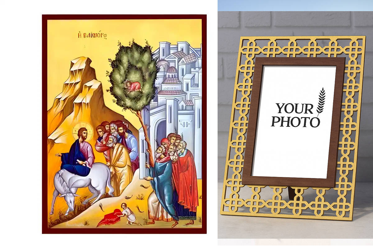 Εικόνα Ορθοδοξίας Πολυτελείας με σχεδιο Σταυρούς μαζι με Βάση σε 8 χρώματα με περίγραμμα χρυσό σε ξύλο Plywood (Πλακάζ) με βάση Εικόνα Βαϊοφόρος Χειροποίητη Ελληνορθόδοξη , Κρεμαστή πλάκα βυζαντινής τέχνης, χριστιανική τέχνη Διάσταση 10x7 cm (3,9 x 2,8 ίντσες) INTRAEK3kadro3211-670836