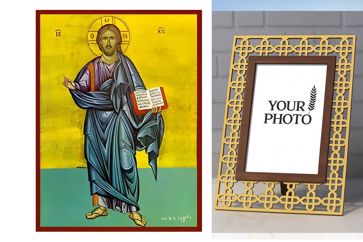 Εικόνα Ορθοδοξίας Πολυτελείας  με  σχεδιο Σταυρούς μαζι με  Βάση σε  8 χρώματα με περίγραμμα χρυσό σε ξύλο Plywood (Πλακάζ)   με  βάση Εικόνα Χριστός Ευλογών Χειροποίητη Ελληνορθόδοξη , Κρεμαστή πλάκα βυζαντινής τέχνης, χριστιανική τέχνη Διάσταση 10x7 cm (3,9 x 2,8 ίντσες) INTRAEK3kadro3211-670776