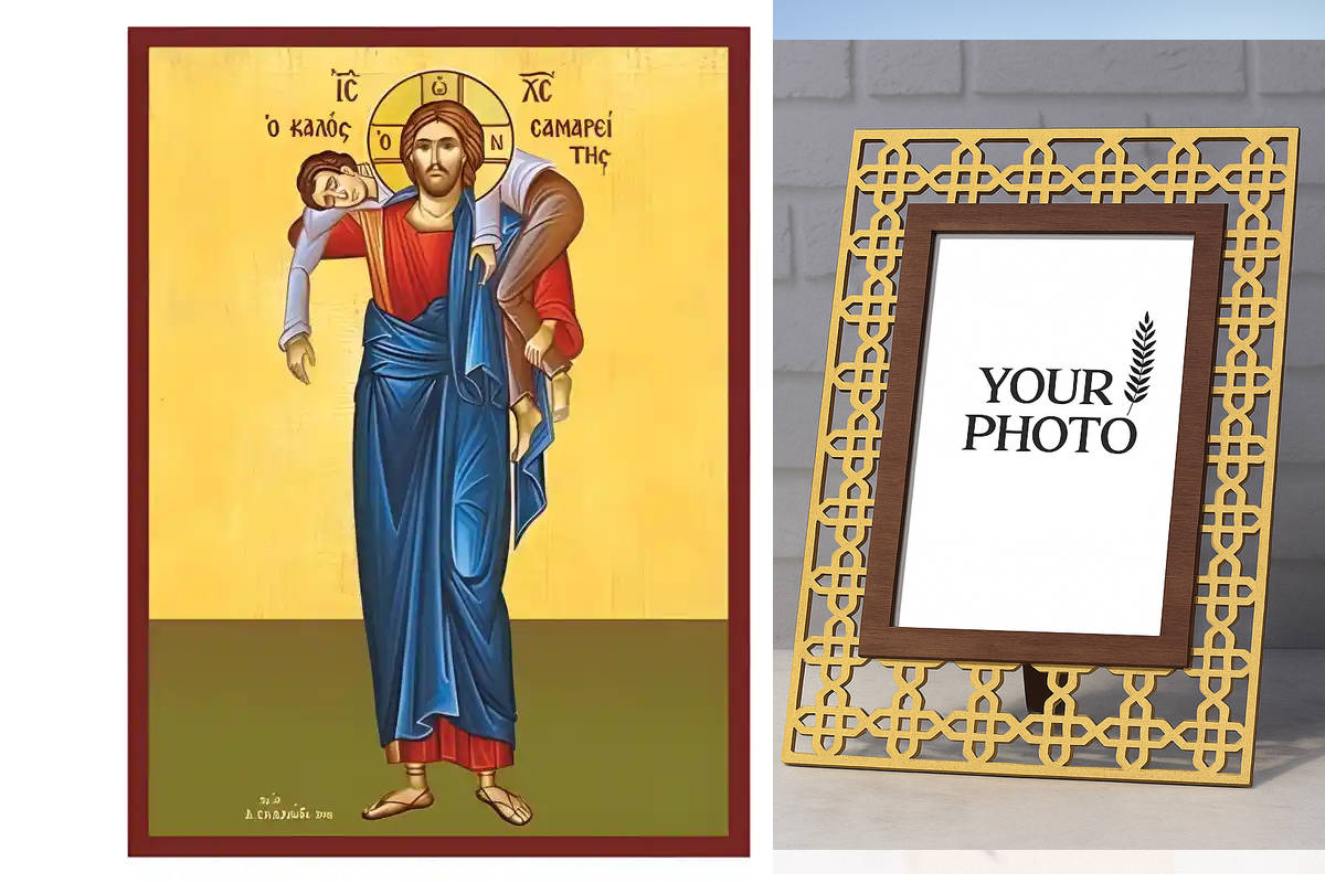 Εικόνα Ορθοδοξίας Πολυτελείας  με  σχεδιο Σταυρούς μαζι με  Βάση σε  8 χρώματα με περίγραμμα χρυσό σε ξύλο Plywood (Πλακάζ)   με  βάση Εικόνα Καλός Σαμαρείτης Χειροποίητη Ελληνορθόδοξη , Κρεμαστή πλάκα βυζαντινής τέχνης, χριστιανική τέχνη Διάσταση 10x7 cm (3,9 x 2,8 ίντσες) INTRAEK3kadro3211-670804