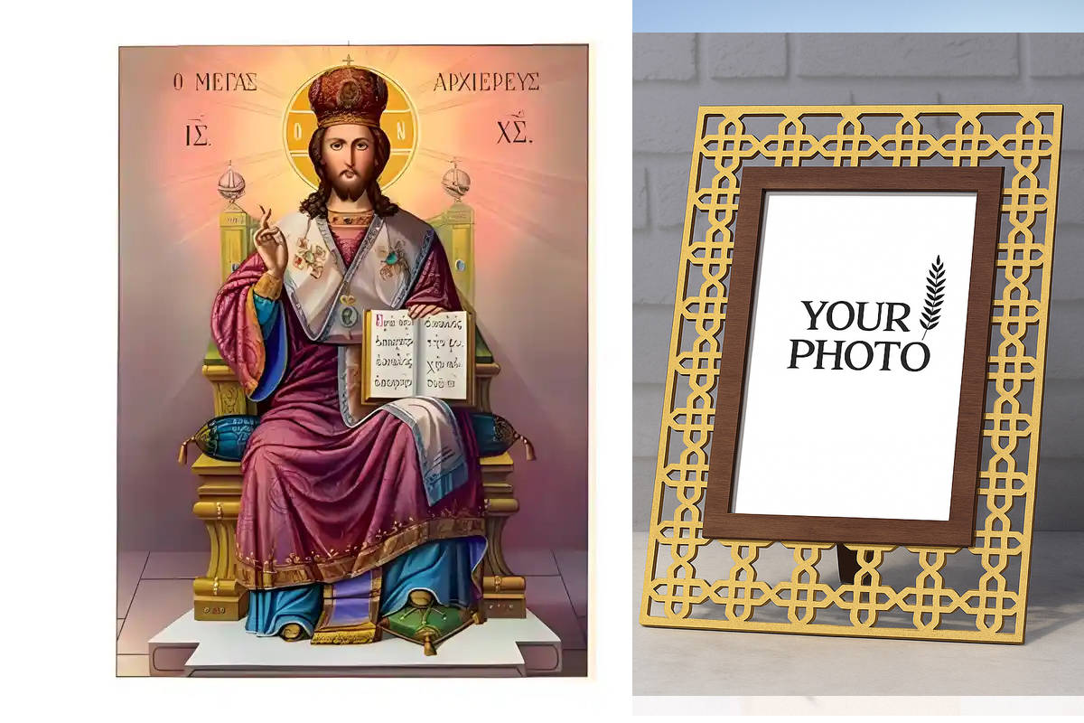 Εικόνα Ορθοδοξίας Πολυτελείας  με  σχεδιο Σταυρούς μαζι με  Βάση σε  8 χρώματα με περίγραμμα χρυσό σε ξύλο Plywood (Πλακάζ)   με  βάση Εικόνα Χριστός Μέγας Αρχιερεύς Χειροποίητη Ελληνορθόδοξη , Κρεμαστή πλάκα βυζαντινής τέχνης, χριστιανική τέχνη Διάσταση 10x7 cm (3,9 x 2,8 ίντσες) INTRAEK3kadro3211-670753