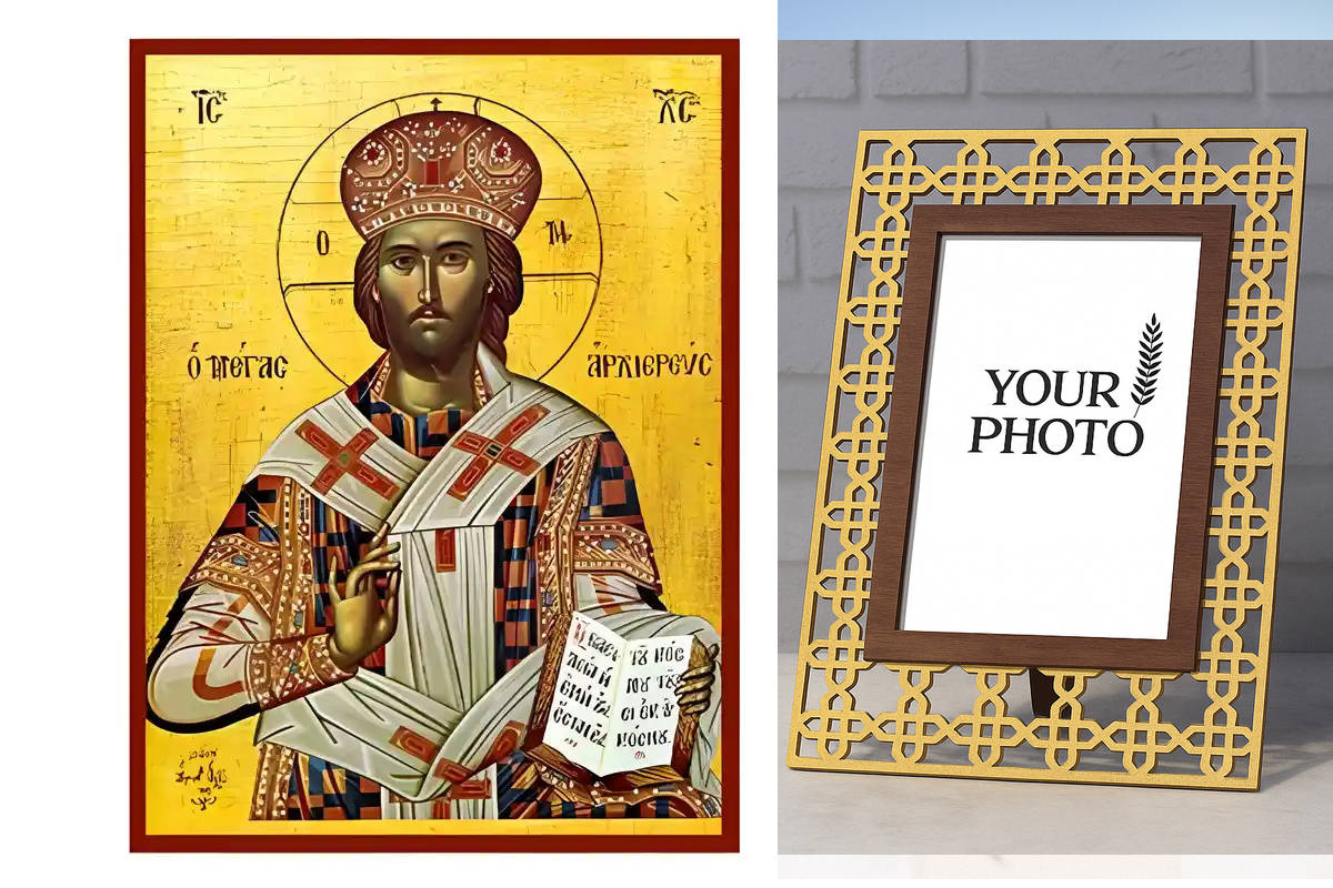 Εικόνα Ορθοδοξίας Πολυτελείας  με  σχεδιο Σταυρούς μαζι με  Βάση σε  8 χρώματα με περίγραμμα χρυσό σε ξύλο Plywood (Πλακάζ)   με  βάση Εικόνα Χριστός Μέγας Αρχιερεύς Χειροποίητη Ελληνορθόδοξη , Κρεμαστή πλάκα βυζαντινής τέχνης, χριστιανική τέχνη Διάσταση 10x7 cm (3,9 x 2,8 ίντσες) INTRAEK3kadro3211-670760