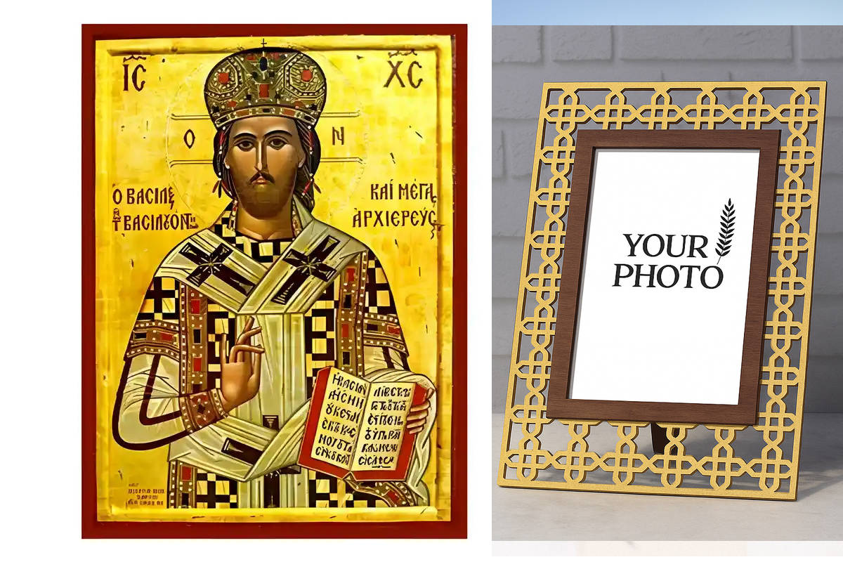 Εικόνα Ορθοδοξίας Πολυτελείας  με  σχεδιο Σταυρούς μαζι με  Βάση σε  8 χρώματα με περίγραμμα χρυσό σε ξύλο Plywood (Πλακάζ)   με  βάση Εικόνα Χριστός Μέγας Αρχιερεύς Χειροποίητη Ελληνορθόδοξη , Κρεμαστή πλάκα βυζαντινής τέχνης, χριστιανική τέχνη Διάσταση 10x7 cm (3,9 x 2,8 ίντσες) INTRAEK3kadro3211-670759