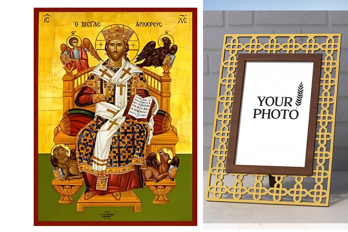 Εικόνα Ορθοδοξίας Πολυτελείας  με  σχεδιο Σταυρούς μαζι με  Βάση σε  8 χρώματα με περίγραμμα χρυσό σε ξύλο Plywood (Πλακάζ)   με  βάση Εικόνα Χριστός Μέγας Αρχιερεύς Χειροποίητη Ελληνορθόδοξη , Κρεμαστή πλάκα βυζαντινής τέχνης, χριστιανική τέχνη Διάσταση 10x7 cm (3,9 x 2,8 ίντσες) INTRAEK3kadro3211-670756