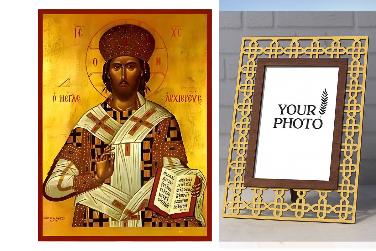 Εικόνα Ορθοδοξίας Πολυτελείας  με  σχεδιο Σταυρούς μαζι με  Βάση σε  8 χρώματα με περίγραμμα χρυσό σε ξύλο Plywood (Πλακάζ)   με  βάση Εικόνα Χριστός Μέγας Αρχιερεύς Χειροποίητη Ελληνορθόδοξη , Κρεμαστή πλάκα βυζαντινής τέχνης, χριστιανική τέχνη Διάσταση 10x7 cm (3,9 x 2,8 ίντσες) INTRAEK3kadro3211-670754