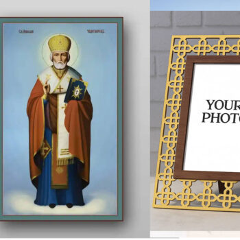 Εικόνα Ορθοδοξίας Πολυτελείας  με  σχεδιο Σταυρούς μαζι με  Βάση σε  8 χρώματα με περίγραμμα χρυσό σε ξύλο Plywood (Πλακάζ)   με  βάση Εικόνα του Αγίου Νικολάου - Χειροποίητη Ελληνορθόδοξη , Κρεμαστή πλάκα βυζαντινής τέχνης, χριστιανική τέχνη Διάσταση 50x40 cm (19,7 x 15,8 ίντσες) INTRAEK3kadro3211-654321081 - Image 1