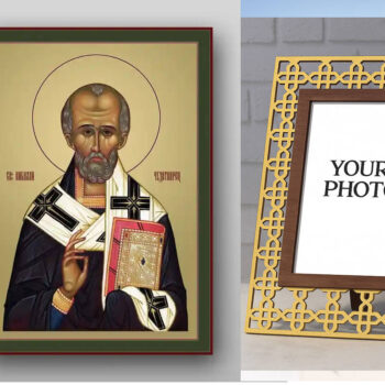 Εικόνα Ορθοδοξίας Πολυτελείας  με  σχεδιο Σταυρούς μαζι με  Βάση σε  8 χρώματα με περίγραμμα χρυσό σε ξύλο Plywood (Πλακάζ)   με  βάση Εικόνα του Αγίου Νικολάου - Χειροποίητη Ελληνορθόδοξη , Κρεμαστή πλάκα βυζαντινής τέχνης, χριστιανική τέχνη Διάσταση 50x40 cm (19,7 x 15,8 ίντσες) INTRAEK3kadro3211-654321091 - Image 1