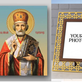 Εικόνα Ορθοδοξίας Πολυτελείας  με  σχεδιο Σταυρούς μαζι με  Βάση σε  8 χρώματα με περίγραμμα χρυσό σε ξύλο Plywood (Πλακάζ)   με  βάση Εικόνα του Αγίου Νικολάου - Χειροποίητη Ελληνορθόδοξη , Κρεμαστή πλάκα βυζαντινής τέχνης, χριστιανική τέχνη Διάσταση 50x40 cm (19,7 x 15,8 ίντσες) INTRAEK3kadro3211-654321313 - Image 1