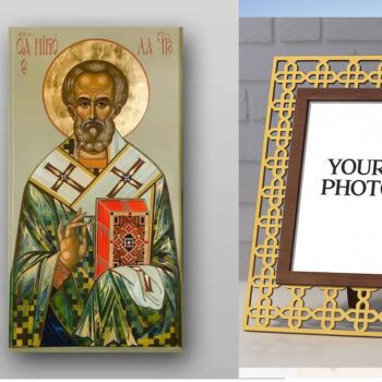 Εικόνα Ορθοδοξίας Πολυτελείας  με  σχεδιο Σταυρούς μαζι με  Βάση σε  8 χρώματα με περίγραμμα χρυσό σε ξύλο Plywood (Πλακάζ)   με  βάση Εικόνα του Αγίου Νικολάου - Χειροποίητη Ελληνορθόδοξη , Κρεμαστή πλάκα βυζαντινής τέχνης, χριστιανική τέχνη Διάσταση 50x40 cm (19,7 x 15,8 ίντσες) INTRAEK3kadro3211-654321192 - Image 1