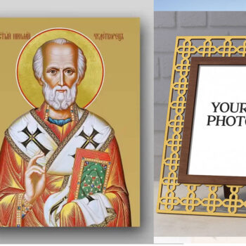 Εικόνα Ορθοδοξίας Πολυτελείας  με  σχεδιο Σταυρούς μαζι με  Βάση σε  8 χρώματα με περίγραμμα χρυσό σε ξύλο Plywood (Πλακάζ)   με  βάση Εικόνα του Αγίου Νικολάου - Χειροποίητη Ελληνορθόδοξη , Κρεμαστή πλάκα βυζαντινής τέχνης, χριστιανική τέχνη Διάσταση 50x40 cm (19,7 x 15,8 ίντσες) INTRAEK3kadro3211-654321075 - Image 1