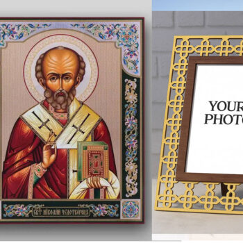 Εικόνα Ορθοδοξίας Πολυτελείας  με  σχεδιο Σταυρούς μαζι με  Βάση σε  8 χρώματα με περίγραμμα χρυσό σε ξύλο Plywood (Πλακάζ)   με  βάση Εικόνα του Αγίου Νικολάου - Χειροποίητη Ελληνορθόδοξη , Κρεμαστή πλάκα βυζαντινής τέχνης, χριστιανική τέχνη Διάσταση 50x40 cm (19,7 x 15,8 ίντσες) INTRAEK3kadro3211-654321299 - Image 1