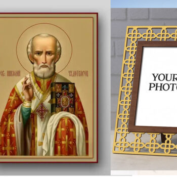 Εικόνα Ορθοδοξίας Πολυτελείας  με  σχεδιο Σταυρούς μαζι με  Βάση σε  8 χρώματα με περίγραμμα χρυσό σε ξύλο Plywood (Πλακάζ)   με  βάση Εικόνα του Αγίου Νικολάου - Χειροποίητη Ελληνορθόδοξη , Κρεμαστή πλάκα βυζαντινής τέχνης, χριστιανική τέχνη Διάσταση 50x40 cm (19,7 x 15,8 ίντσες) INTRAEK3kadro3211-654321043 - Image 1