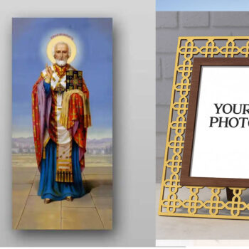 Εικόνα Ορθοδοξίας Πολυτελείας  με  σχεδιο Σταυρούς μαζι με  Βάση σε  8 χρώματα με περίγραμμα χρυσό σε ξύλο Plywood (Πλακάζ)   με  βάση Εικόνα του Αγίου Νικολάου - Χειροποίητη Ελληνορθόδοξη , Κρεμαστή πλάκα βυζαντινής τέχνης, χριστιανική τέχνη Διάσταση 50x40 cm (19,7 x 15,8 ίντσες) INTRAEK3kadro3211-654321297 - Image 1