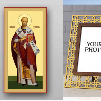 Εικόνα Ορθοδοξίας Πολυτελείας  με  σχεδιο Σταυρούς μαζι με  Βάση σε  8 χρώματα με περίγραμμα χρυσό σε ξύλο Plywood (Πλακάζ)   με  βάση Εικόνα του Αγίου Νικολάου - Χειροποίητη Ελληνορθόδοξη , Κρεμαστή πλάκα βυζαντινής τέχνης, χριστιανική τέχνη Διάσταση 50x40 cm (19,7 x 15,8 ίντσες) INTRAEK3kadro3211-654321311 - Image 1