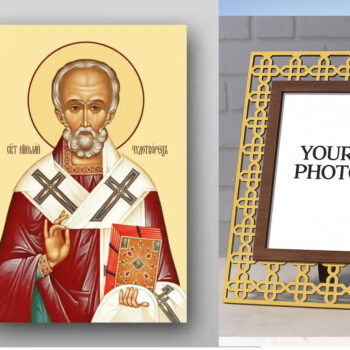 Εικόνα Ορθοδοξίας Πολυτελείας  με  σχεδιο Σταυρούς μαζι με  Βάση σε  8 χρώματα με περίγραμμα χρυσό σε ξύλο Plywood (Πλακάζ)   με  βάση Εικόνα του Αγίου Νικολάου - Χειροποίητη Ελληνορθόδοξη , Κρεμαστή πλάκα βυζαντινής τέχνης, χριστιανική τέχνη Διάσταση 50x40 cm (19,7 x 15,8 ίντσες) INTRAEK3kadro3211-65432800 - Image 1