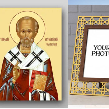 Εικόνα Ορθοδοξίας Πολυτελείας  με  σχεδιο Σταυρούς μαζι με  Βάση σε  8 χρώματα με περίγραμμα χρυσό σε ξύλο Plywood (Πλακάζ)   με  βάση Εικόνα του Αγίου Νικολάου - Χειροποίητη Ελληνορθόδοξη , Κρεμαστή πλάκα βυζαντινής τέχνης, χριστιανική τέχνη Διάσταση 50x40 cm (19,7 x 15,8 ίντσες) INTRAEK3kadro3211-65432824 - Image 1