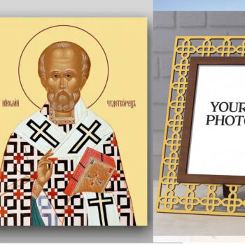 Εικόνα Ορθοδοξίας Πολυτελείας  με  σχεδιο Σταυρούς μαζι με  Βάση σε  8 χρώματα με περίγραμμα χρυσό σε ξύλο Plywood (Πλακάζ)   με  βάση Εικόνα του Αγίου Νικολάου - Χειροποίητη Ελληνορθόδοξη , Κρεμαστή πλάκα βυζαντινής τέχνης, χριστιανική τέχνη Διάσταση 50x40 cm (19,7 x 15,8 ίντσες) INTRAEK3kadro3211-654321304 - Image 1