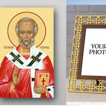 Εικόνα Ορθοδοξίας Πολυτελείας  με  σχεδιο Σταυρούς μαζι με  Βάση σε  8 χρώματα με περίγραμμα χρυσό σε ξύλο Plywood (Πλακάζ)   με  βάση Εικόνα του Αγίου Νικολάου - Χειροποίητη Ελληνορθόδοξη , Κρεμαστή πλάκα βυζαντινής τέχνης, χριστιανική τέχνη Διάσταση 50x40 cm (19,7 x 15,8 ίντσες) INTRAEK3kadro3211-654321307 - Image 1