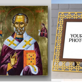 Εικόνα Ορθοδοξίας Πολυτελείας  με  σχεδιο Σταυρούς μαζι με  Βάση σε  8 χρώματα με περίγραμμα χρυσό σε ξύλο Plywood (Πλακάζ)   με  βάση Εικόνα του Αγίου Νικολάου - Χειροποίητη Ελληνορθόδοξη , Κρεμαστή πλάκα βυζαντινής τέχνης, χριστιανική τέχνη Διάσταση 50x40 cm (19,7 x 15,8 ίντσες) INTRAEK3kadro3211-654321300 - Image 1