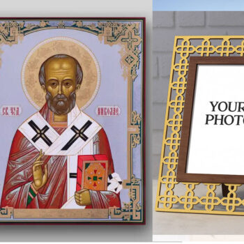 Εικόνα Ορθοδοξίας Πολυτελείας  με  σχεδιο Σταυρούς μαζι με  Βάση σε  8 χρώματα με περίγραμμα χρυσό σε ξύλο Plywood (Πλακάζ)   με  βάση Εικόνα του Αγίου Νικολάου - Χειροποίητη Ελληνορθόδοξη , Κρεμαστή πλάκα βυζαντινής τέχνης, χριστιανική τέχνη Διάσταση 50x40 cm (19,7 x 15,8 ίντσες) INTRAEK3kadro3211-654321295 - Image 1