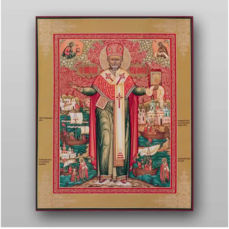 Εικόνα Ορθοδοξίας με περίγραμμα χρυσό σε ξύλο Φλαμουρίας  με  βάση Εικόνα του Αγίου Νικολάου - Χειροποίητη Ελληνορθόδοξη , Κρεμαστή πλάκα βυζαντινής τέχνης, χριστιανική τέχνη Διάσταση 10x7 cm (3,9 x 2,8 ίντσες) INTRAEK-71029