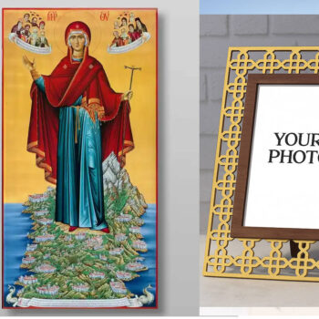 Εικόνα Ορθοδοξίας Πολυτελείας  με  σχεδιο Σταυρούς μαζι με  Βάση σε  8 χρώματα με περίγραμμα χρυσό σε ξύλο Plywood (Πλακάζ)   με  βάση Η Θεομητορική Προστάτιδα του Αγίου Όρους Χειροποίητη Ελληνορθόδοξη , Κρεμαστή πλάκα βυζαντινής τέχνης, χριστιανική τέχνη Διάσταση 26x20 cm (10,2 x 7,9 ίντσες) INTRAEK3kadro3211-432939 - Image 1