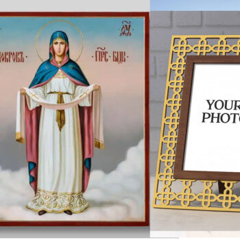 Εικόνα Ορθοδοξίας Πολυτελείας  με  σχεδιο Σταυρούς μαζι με  Βάση σε  8 χρώματα με περίγραμμα χρυσό σε ξύλο Plywood (Πλακάζ)   με  βάση Εικόνα της Μητέρας του Θεού Pokrov Χειροποίητη Ελληνορθόδοξη , Κρεμαστή πλάκα βυζαντινής τέχνης, χριστιανική τέχνη Διάσταση 40x30 cm (15,8 x 11,8 ίντσες) INTRAEK3kadro3211-5432785 - Image 1