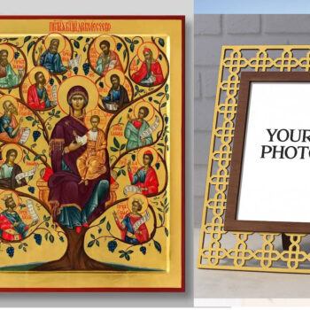 Εικόνα Ορθοδοξίας Πολυτελείας  με  σχεδιο Σταυρούς μαζι με  Βάση σε  8 χρώματα με περίγραμμα χρυσό σε ξύλο Plywood (Πλακάζ)   με  βάση Εικόνα της Μητέρας του Θεού δέντρου του Ιεσσαί Χειροποίητη Ελληνορθόδοξη , Κρεμαστή πλάκα βυζαντινής τέχνης, χριστιανική τέχνη Διάσταση 15x11 cm (5,9 x 4,3 ίντσες) INTRAEK3kadro3211-2788 - Image 1