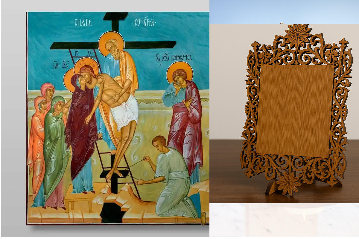 Εικόνα Ορθοδοξίας Δαντέλα μαζι με  Βάση σε  8 χρώματα με περίγραμμα χρυσό σε ξύλο Plywood (Πλακάζ)   με  βάση Κάθοδος από τον Σταυρό Χειροποίητη Ελληνορθόδοξη , Κρεμαστή πλάκα βυζαντινής τέχνης, χριστιανική τέχνη Διάσταση 40x30 cm (15,8 x 11,8 ίντσες) INTRAEKkadro3211-5432721 - Image 1