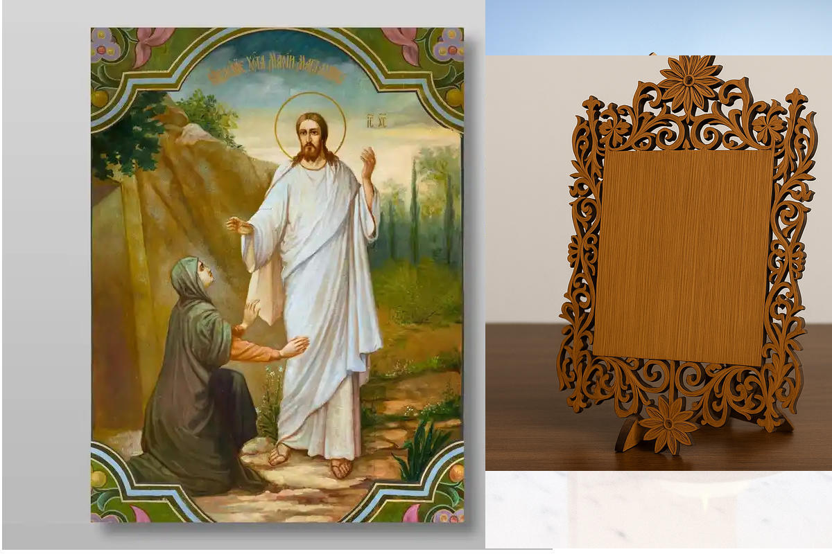 Εικόνα Ορθοδοξίας Δαντέλα μαζι με  Βάση σε  8 χρώματα με περίγραμμα χρυσό σε ξύλο Plywood (Πλακάζ)   με  βάση Εμφάνιση του Χριστού στη Μαρία τη Μαγδαληνή Χειροποίητη Ελληνορθόδοξη , Κρεμαστή πλάκα βυζαντινής τέχνης, χριστιανική τέχνη Διάσταση 10x7 cm (3,9 x 2,8 ίντσες) INTRAEKkadro3211-71087