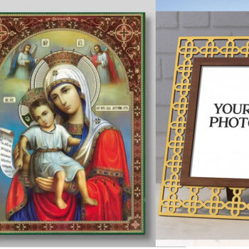 Εικόνα Ορθοδοξίας Πολυτελείας  με  σχεδιο Σταυρούς μαζι με  Βάση σε  8 χρώματα με περίγραμμα χρυσό σε ξύλο Plywood (Πλακάζ)   με  βάση Εικόνα της Μητέρας του Θεού It is Truly Meet Χειροποίητη Ελληνορθόδοξη , Κρεμαστή πλάκα βυζαντινής τέχνης, χριστιανική τέχνη Διάσταση 26x20 cm (10,2 x 7,9 ίντσες) INTRAEK3kadro3211-432838 - Image 1