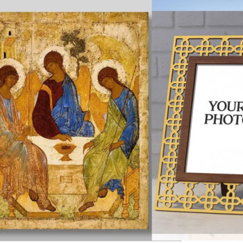 Εικόνα Ορθοδοξίας Πολυτελείας  με  σχεδιο Σταυρούς μαζι με  Βάση σε  8 χρώματα με περίγραμμα χρυσό σε ξύλο Plywood (Πλακάζ)   με  βάση Η Αγία Τριάδα Andrei Rublev Χειροποίητη Ελληνορθόδοξη , Κρεμαστή πλάκα βυζαντινής τέχνης, χριστιανική τέχνη Διάσταση 26x20 cm (10,2 x 7,9 ίντσες) INTRAEK3kadro3211-432781 - Image 1