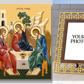 Εικόνα Ορθοδοξίας Πολυτελείας  με  σχεδιο Σταυρούς μαζι με  Βάση σε  8 χρώματα με περίγραμμα χρυσό σε ξύλο Plywood (Πλακάζ)   με  βάση Η Αγία Τριάδα Χειροποίητη Ελληνορθόδοξη , Κρεμαστή πλάκα βυζαντινής τέχνης, χριστιανική τέχνη Διάσταση 50x40 cm (19,7 x 15,8 ίντσες) INTRAEK3kadro3211-65432857 - Image 1