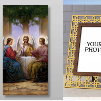 Εικόνα Ορθοδοξίας Πολυτελείας  με  σχεδιο Σταυρούς μαζι με  Βάση σε  8 χρώματα με περίγραμμα χρυσό σε ξύλο Plywood (Πλακάζ)   με  βάση Η Αγία Τριάδα Χειροποίητη Ελληνορθόδοξη , Κρεμαστή πλάκα βυζαντινής τέχνης, χριστιανική τέχνη Διάσταση 50x40 cm (19,7 x 15,8 ίντσες) INTRAEK3kadro3211-654321173 - Image 1