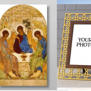 Εικόνα Ορθοδοξίας Πολυτελείας  με  σχεδιο Σταυρούς μαζι με  Βάση σε  8 χρώματα με περίγραμμα χρυσό σε ξύλο Plywood (Πλακάζ)   με  βάση Η Αγία Τριάδα Andrei Rublev Χειροποίητη Ελληνορθόδοξη , Κρεμαστή πλάκα βυζαντινής τέχνης, χριστιανική τέχνη Διάσταση 26x20 cm (10,2 x 7,9 ίντσες) INTRAEK3kadro3211-432842 - Image 1