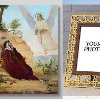 Εικόνα Ορθοδοξίας Πολυτελείας  με  σχεδιο Σταυρούς μαζι με  Βάση σε  8 χρώματα με περίγραμμα χρυσό σε ξύλο Plywood (Πλακάζ)   με  βάση Ένας άγγελος ταΐζει τον προφήτη Ηλία Χειροποίητη Ελληνορθόδοξη , Κρεμαστή πλάκα βυζαντινής τέχνης, χριστιανική τέχνη Διάσταση 26x20 cm (10,2 x 7,9 ίντσες) INTRAEK3kadro3211-432890 - Image 1