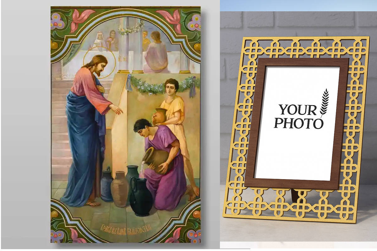 Εικόνα Ορθοδοξίας Πολυτελείας με σχεδιο Σταυρούς μαζι με Βάση σε 8 χρώματα με περίγραμμα χρυσό σε ξύλο Plywood (Πλακάζ) με βάση Θαύμα στην Κανά της Γαλιλαίας Χειροποίητη Ελληνορθόδοξη , Κρεμαστή πλάκα βυζαντινής τέχνης, χριστιανική τέχνη Διάσταση 10x7 cm (3,9 x 2,8 ίντσες) INTRAEK3kadro3211-7864