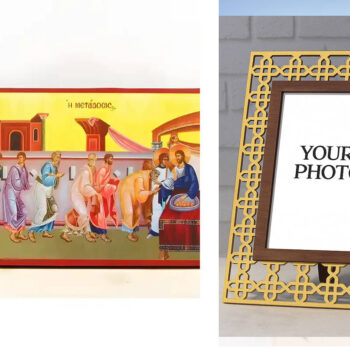 Εικόνα Ορθοδοξίας Πολυτελείας  με  σχεδιο Σταυρούς μαζι με  Βάση σε  8 χρώματα με περίγραμμα χρυσό σε ξύλο Plywood (Πλακάζ)   με  βάση Ευχαριστιακή Κοινωνία του Σώματος του Ιησού Χριστού Μεταδόση, Ξύλινη Χειροποίητη Εικόνα Ελληνικής Premium Βυζαντινής τεχνοτροπίας Κρεμασμένη σε ξύλινη πλάκα Χειροποίητη Ελληνορθόδοξη εικόνα του Ιησού Χριστού, Κρεμαστή πλάκα βυζαντινής τέχνης, χριστιανική τέχνη Δίασταση 50x40 cm (19,7 x 15,8)  INTRAEK3kadro3211-11342111073 - Image 1