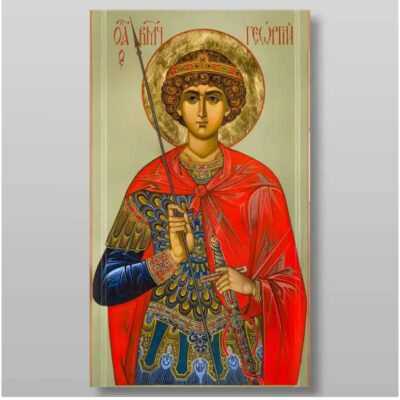 Εικόνα Ορθοδοξίας με περίγραμμα χρυσό σε ξύλο Φλαμουρίας  με  βάση Γεώργιος ο Νικομάχος Μεγαλομάρτυρας, Χειροποίητη Ελληνορθόδοξη , Κρεμαστή πλάκα βυζαντινής τέχνης, χριστιανική τέχνη Διάσταση 10x7 cm (3,9 x 2,8 ίντσες) INTRAEK-7991 - Image 1