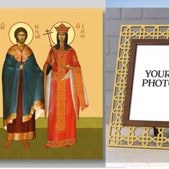 Εικόνα Ορθοδοξίας Πολυτελείας  με  σχεδιο Σταυρούς μαζι με  Βάση σε  8 χρώματα με περίγραμμα χρυσό σε ξύλο Plywood (Πλακάζ)   με  βάση Ευγένιος και Έλενα μάρτυρες, Χειροποίητη Ελληνορθόδοξη , Κρεμαστή πλάκα βυζαντινής τέχνης, χριστιανική τέχνη Διάσταση 50x40 cm (19,7 x 15,8 ίντσες) INTRAEK3kadro3211-65432753 - Image 1