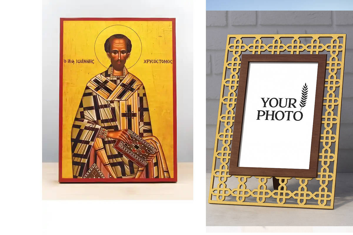 Εικόνα Ορθοδοξίας Πολυτελείας  με  σχεδιο Σταυρούς μαζι με  Βάση σε  8 χρώματα με περίγραμμα χρυσό σε ξύλο Plywood (Πλακάζ)   με  βάση Άγιος Ιωάννης ο Χρυσόστομος, Ξύλινη Χειροποίητη Εικόνα Ελληνικής Premium Βυζαντινού Στυλ Κρεμαστή σε ξύλινη πλάκα Χειροποίητη Ελληνορθόδοξη εικόνα του Ιησού Χριστού, Κρεμαστή πλάκα βυζαντινής τέχνης, χριστιανική τέχνη 45x35 cm (17,7 x 13,8 ίντσες)  INTRAEK3kadro3211-342110973