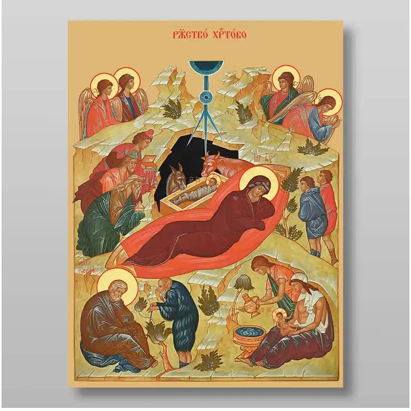 Εικόνα Ορθοδοξίας με περίγραμμα χρυσό σε ξύλο Φλαμουρίας  με  βάση Γέννηση του Ιησού Χριστού, Χειροποίητη Ελληνορθόδοξη , Κρεμαστή πλάκα βυζαντινής τέχνης, χριστιανική τέχνη Διάσταση 10x7 cm (3,9 x 2,8 ίντσες) INTRAEK-71027